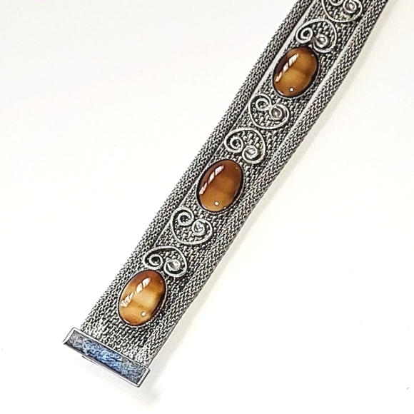 VINTAGE SILVER MESH BRACELET - FAUX TIGER'S EYE SLAG GLASS STONES - Picture 4 of 11